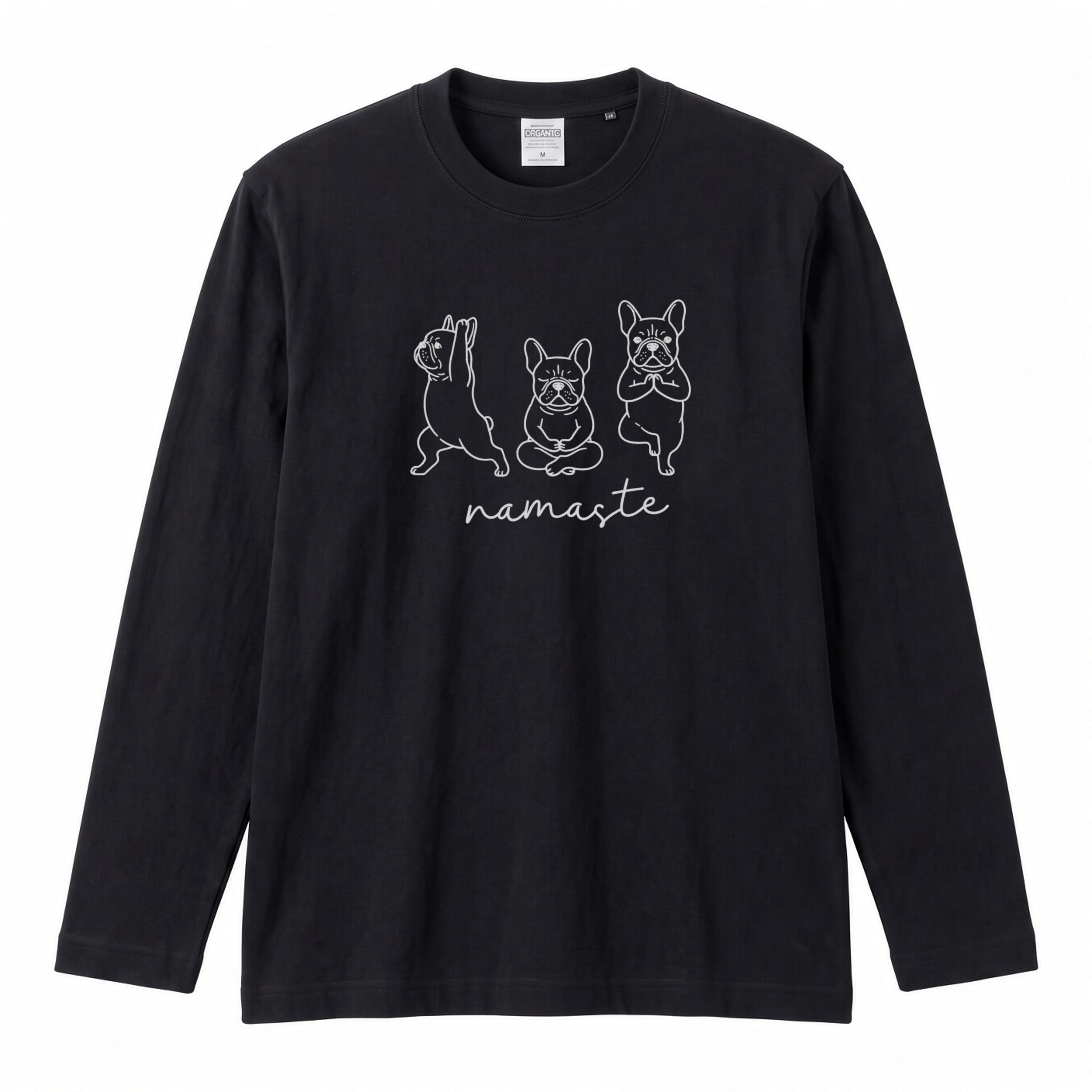 FRENCHIE NAMASTE | フレンチブルドッグ 犬 ヨガ 瞑想 イラスト かわいい ワンポイント 長袖Tシャツ【犬好き・ルームウェア・カジュアル・ギフト】